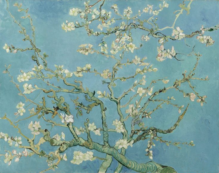 David Hockney’s digital drawings of fruit blossoms and lilacs, seen from his Yorkshire window, seem to take some inspiration from Vincent van Gogh’s fruit trees, which brought the lonely artist joy. Here “Almond Blossom” (1890), oil on canvas. Van Gogh Museum.