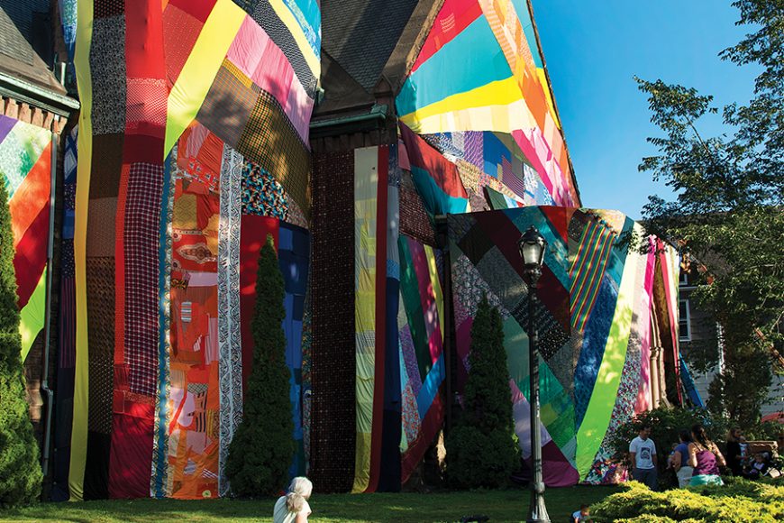 Rendering of Ashley Browder’s “Metropolitan Sunrise,” which will swath ArtsWestchester’s Arts Exchange building in downtown White Plains in 10,000 square feet of fabric. Sewing sessions to complete the project, originally slated to be unveiled this month and now on hold, may continue via Zoom. Courtesy ArtsWestchester.