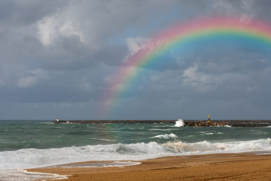 A rainbow appears on a beach in Anglet, in France’s Basque region, after a storm.