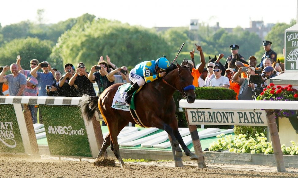 With Victor Espinoza aboard, American Pharoah breaks a 37-year drought, winning the Belmont Stakes and the Triple Crown on June 6, 2015. Photograph by Mike Lizzi.