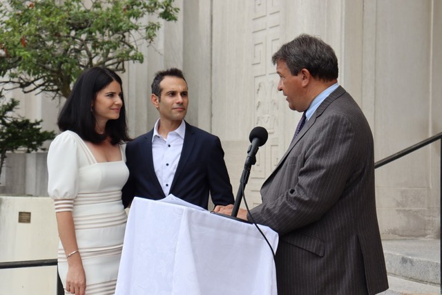 It’s official:  PIX11 news reporter Rebecca Solomon and Eitan Ahimor tied the knot on the steps of Westchester County’s Michaelian Office Building in White Plains July 24. County Executive George Latimer officiated. Courtesy Westchester County.