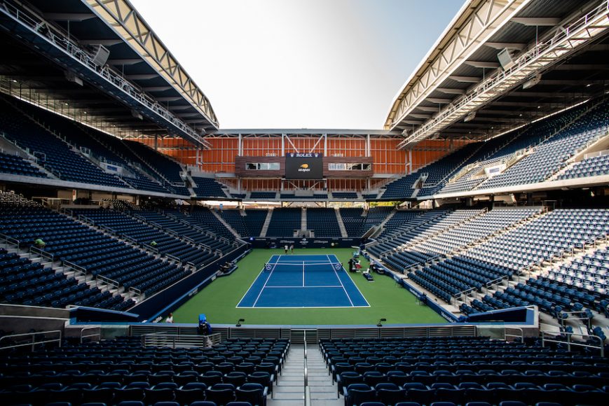 The USTA Billie Jean King National Tennis Center in Flushing Meadows-Corona Park played a key role in supporting New York City during the height of the coronavirus this spring and is now ready to welcome back players for the Western & Southern Open and the US Open, an unprecedented double bill. Seen here is “the Louie,” the Louis Armstrong Stadium, which was used as a staging area for meals for health-care workers, hospital patients and underserved children. Courtesy USTA.