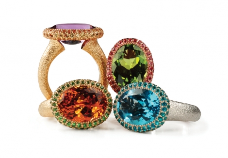 Alex Soldier’s Gold Blossom Ring with a smoky quartz, peridots, sapphires, pink topazes and diamonds, all wrapped up in 18-carat gold, shows his gift for fanciful design and saturated colors.