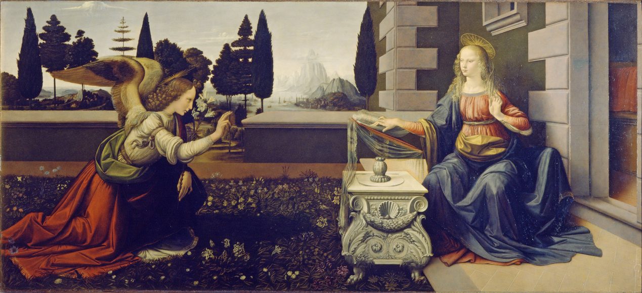 Leonardo's "The Annunciation" (1472), oil on panel. Uffizi Gallery. 