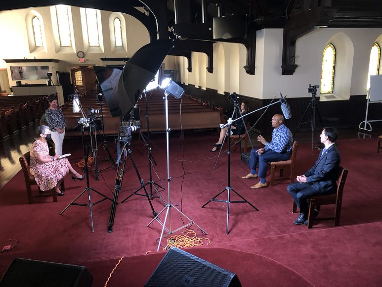 Vilma Bordonaro, chief of staff to New York Medical College Chancellor and CEO Edward C. Halperin, M.D.; legendary New York Yankees closer Mariano Rivera; and New Rochelle Mayor Noam Bramson at the city’s Refuge of Hope Church Aug. 26. Photograph by John Rizzo.