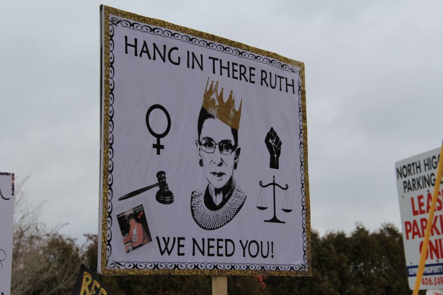 Ruth Bader Ginsburg’s tiny yet towering presence made her a natural folk hero. Here “the notorious RBG” “participates” in the 2018 Women’s March in Missoula, Montana.