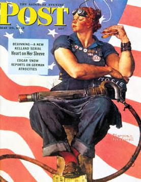 J. Howard Miller's "We Can Do It!", a 1942 ad for Westinghouse that was also called "Rosie the Riveter," after the iconic figure of a strong female war production worker.
The original painting for Norman Rockwell’s May 29, 1943 Saturday Evening Post cover of Rosie the Riveter sold at Sotheby’s in 2002 for almost $5 million.
