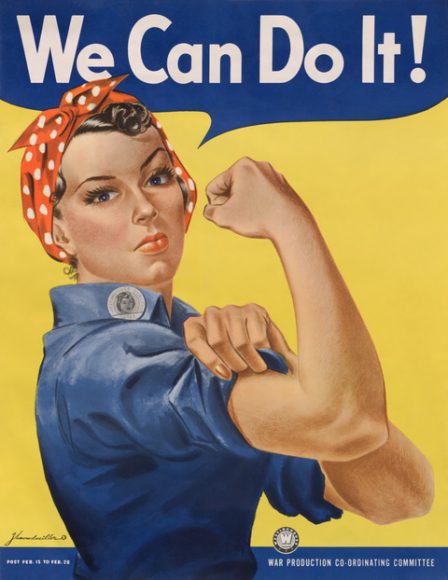 J. Howard Miller's "We Can Do It!", a 1942 ad for Westinghouse that was also called "Rosie the Riveter," after the iconic figure of a strong female war production worker.

The original painting for Norman Rockwell’s May 29, 1943 Saturday Evening Post cover of Rosie the Riveter sold at Sotheby’s in 2002 for almost $5 million.
