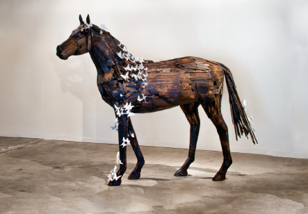Paul Villinski’s “Pegasus” (2016), steel, wood, soot, found aluminum cans, Flashe acrylics. The winged horse of Greek mythology underscores Villinski’s love of flight.