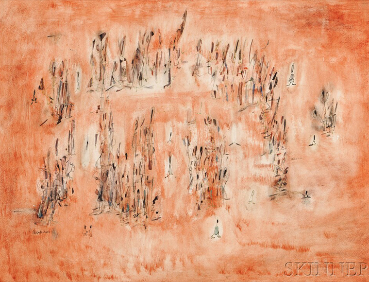 Norman Wilfred Lewis’ “Holiday, Figures in an Orange Landscape,” oil, ink, gouache and graphite with artist’s incisions on board. Sold for $12,300 at Skinner Inc.