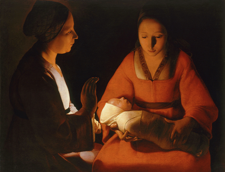 Georges de La Tour’s “The New-born” (1640s), oil on canvas. Musée des Beaux-Arts de Rennes. The work puts La Tour’s signature candlelit spin – complete with anachronistic bourgeois Baroque clothing – on an ancient religious subject, as the Virgin Mary and her mother, St. Anne, contemplate Baby Jesus.