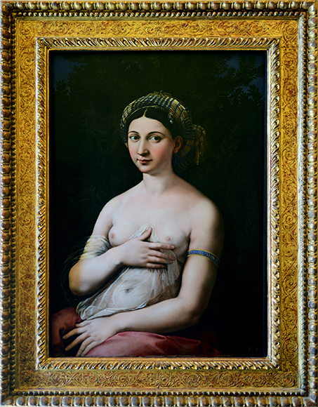Raphael’s “La Fornarina” (1518-19), oil on wood, presumably a portrait of his mistress, Margarita Luti, and a masterpiece of subtle chiaroscuro modeling. Galleria Nazionale Arte Antica.