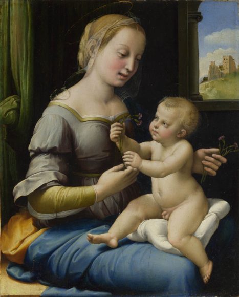 Raphael’s “Madonna of the Pinks” (1506-07), oil on yew wood. National Gallery, London.