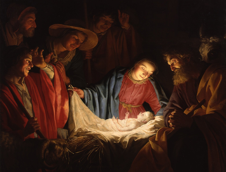 The technique of chiaroscuro uses shadow to shape the light, as seen in Gerard von Honthorst’s Baroque masterwork “Adoration of the Shepherds” (1622), oil. Pomeranian State Museum.