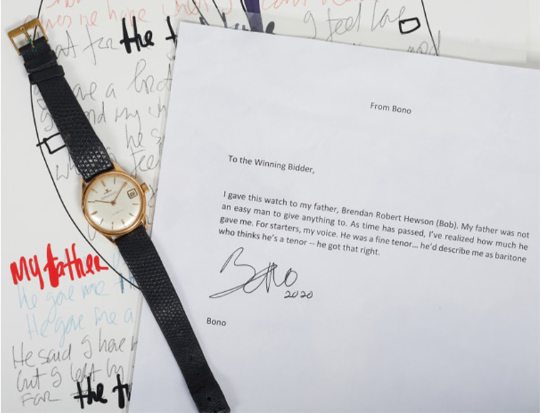Bono has contributed a watch and a drawing for the “Time Counts” auction at Phillips, starting Saturday, Dec. 12.