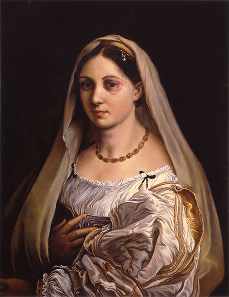 Kathleen Gilje’s “La Donna Velata, Restored” (1995, oil on linen) gives Raphael’s “La Donna Velata” (1516, oil on canvas) a black eye in a commentary on domestic violence. 