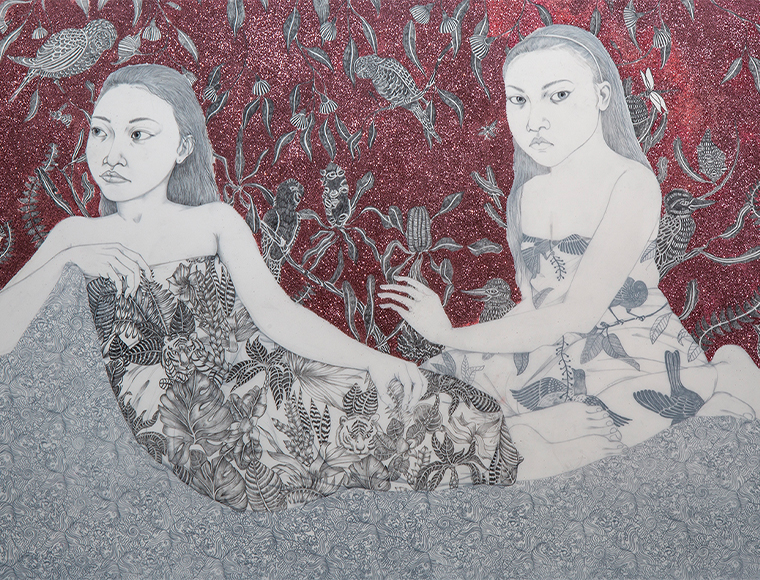Fay Ku’s “New Olympia” (2019, graphite and oil paint on translucent drafting film) — seen in the recent Pelham Art Center show “Domestic Brutes” — replaces Éduard Manet’s sleek nude white courtesan and Black servant in “Olympia” (1863, oil on canvas) with two Asian women in sarongs.
