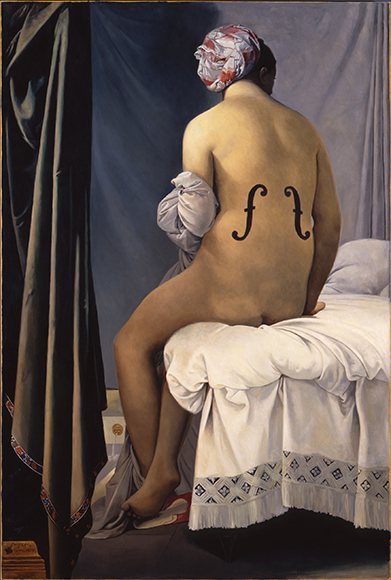 Kathleen Gilje’s “Le Violin d’Ingres, Restored” (1999) brings together Jean-Auguste-Dominique Ingres’ “The Bather (The Valpinçon Bather)” (1808, oil on canvas) and Man Ray’s “Le Violin d’Ingres” (1924, gelatin silver print) in a work that adds the S-shaped sound holes of a violin and of Man Ray’s photo to the nude, violin-shaped back of Ingres’ odalisque.