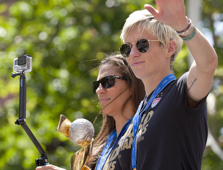 Carli LLoyd and Megan Rapinoe of the FIFA World Cup Champion U.S. Women's National Soccer Team during a ticker-tape parade in downtown Manhattan.