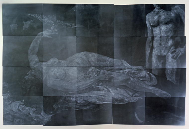 Kathleen Gilje’s “Woman With a Parrot, Restored (X-ray)” (2001, X-ray film mounted on Plexiglas), sets Gustave Courbet’s highly sexual Metropolitan Museum of Art favorite on its ear by “revealing” a hunky male nude in the imagined pentimento.