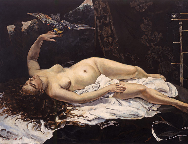 Kathleen Gilje’s “Woman With a Parrot, Restored (X-ray)” (2001, X-ray film mounted on Plexiglas), sets Gustave Courbet’s highly sexual Metropolitan Museum of Art favorite on its ear by “revealing” a hunky male nude in the imagined pentimento.