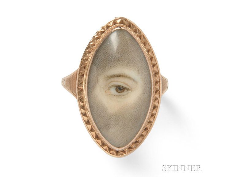 Antique Gold and Eye Miniature Portrait Ring, dated 1786, navette-form set with a miniature portrait of a brown eye. Sold for $3,690 at Skinner Inc.