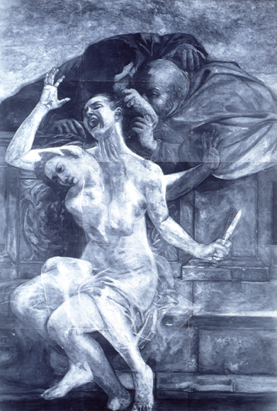Kathleen Gilje’s “Susanna and the Elders, Restored” (1998, oil on linen) and “Susanna and the Elders, Restored (X-ray)” (1998, X-ray film on Plexiglas) retells the biblical story of a young Hebrew woman who is sexually blackmailed by two old lechers and of Artemisia Gentileschi’s “Susanna and the Elders” (1610, oil on canvas).