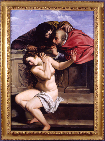 Kathleen Gilje’s “Susanna and the Elders, Restored” (1998, oil on linen) and “Susanna and the Elders, Restored (X-ray)” (1998, X-ray film on Plexiglas) retells the biblical story of a young Hebrew woman who is sexually blackmailed by two old lechers and of Artemisia Gentileschi’s “Susanna and the Elders” (1610, oil on canvas).