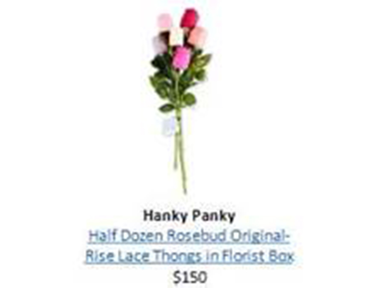 A bouquet of Hanky Panky’s Rosebud Original-Rise Leg Thongs in a floral box is a naughty but nice twist on flowers, while Conversation Hearts Shortbread Cookies get the conversation started. Courtesy Neiman Marcus Westchester. 