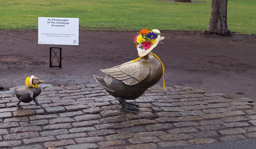 A 2016 April Fool’s Day joke warning visitors not to photograph the sculptures in Boston’s Public Gardens, lest the sculptures “erode.”  