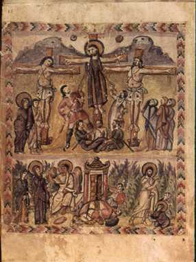One of the earliest known depictions of the Crucifixion and Resurrection of Jesus is from the  Rabbula Gospel, a sixth-century Byzantine illuminated manuscript.
