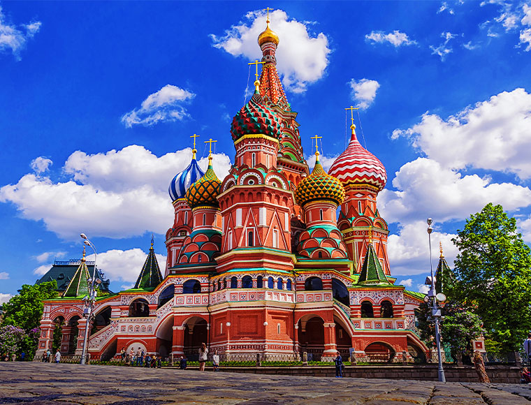 Colorful onion domes signal St. Basil’s Cathedral, Moscow. Courtesy Sloane Travel Photography.