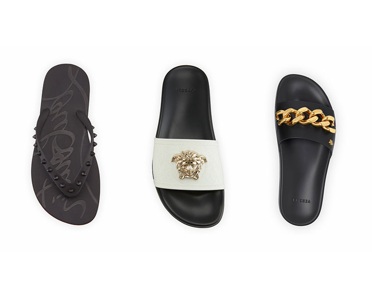 Slides here left to right by Christian Louboutin and Versace are hot, hot, hot. Courtesy 
Neiman Marcus.
