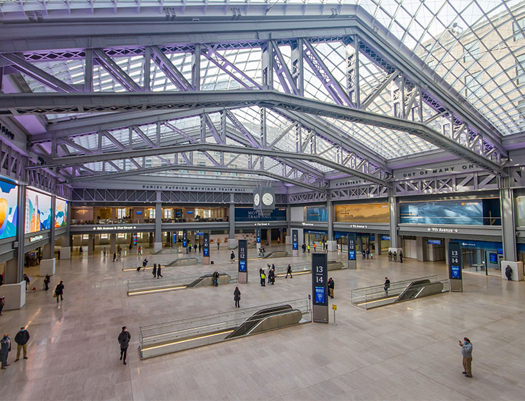 The new Daniel Patrick Moynihan Train Hall in Manhattan 
revives some of the old 
Penn Station glory. 
Photograph by Garrett Ziegler.