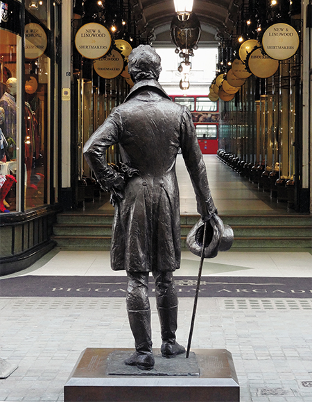 Irena Sedlecká’s bronze sculpture of George “Beau” Brummell was unveiled by Princess Michael of Kent in 2002 and positioned on Jermyn Street in London. All images from James Sherwood’s new “The Perfect Gentleman” (Thames & Hudson).