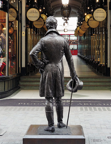 Irena Sedlecká’s bronze sculpture of George “Beau” Brummell was unveiled by Princess Michael of Kent in 2002 and positioned on Jermyn Street in London. All images from James Sherwood’s new “The Perfect Gentleman” (Thames & Hudson).