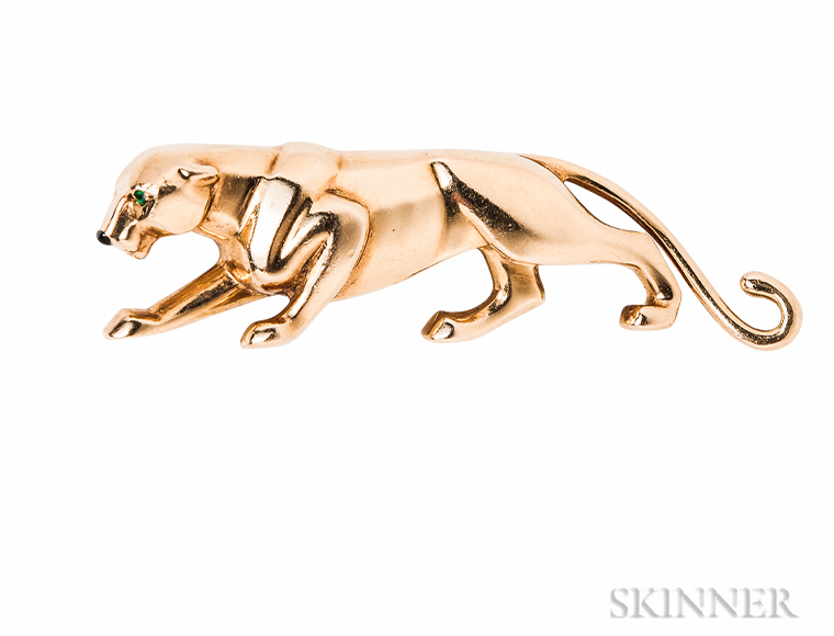 18-karat gold panther brooch, Cartier. Sold for $2,337 at Skinner Inc.