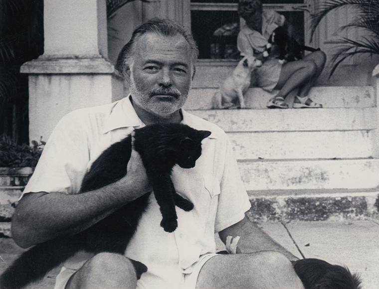 Ernest Hemingway in the 1950s with one of the many beloved cats at his home in Cuba. Courtesy A. E. Hotchner.