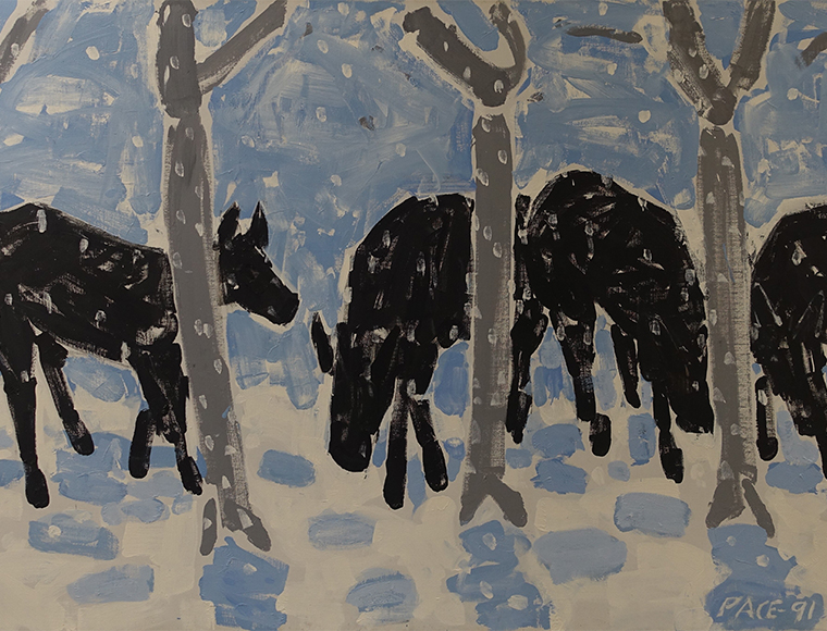 Among the more than 132 works that the Stephen and Palmina Pace Foundation has given to the Fairfield University Art Museum is “Horses in Winter (91 9)” (1991), oil on canvas.