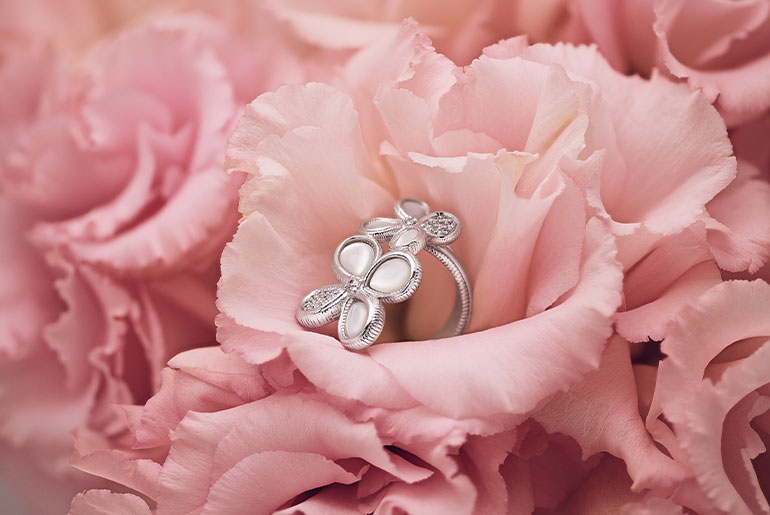 Double Flower Ring with Mother of Pearl and Diamonds, from Judith Ripka’s Jardin Collection, $1.250. Courtesy Judith Ripka.