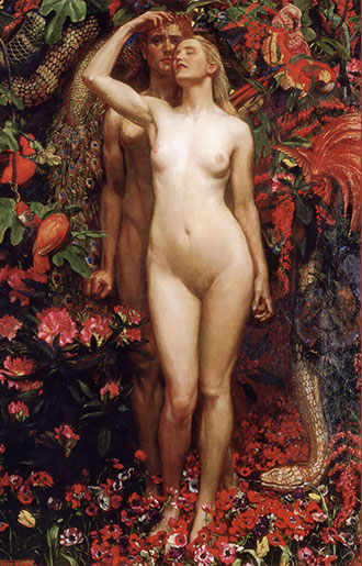 Byam Shaw’s “The Woman, the Man and the Serpent” (1911), oil on canvas captures the lushness of gardens and lust.