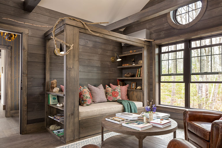 Treehouse lodge, daybed, at Hidden Pond Kennebunkport. Photograph by Jeff Roberts Imaging.