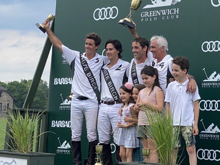 White Birch, the victorious home team, with junior family members, at Greenwich Polo Club. From left: Pablo Llorente Jr., Juan Olivera Jr., MVP Chris Brant and Mariano Aguerre.