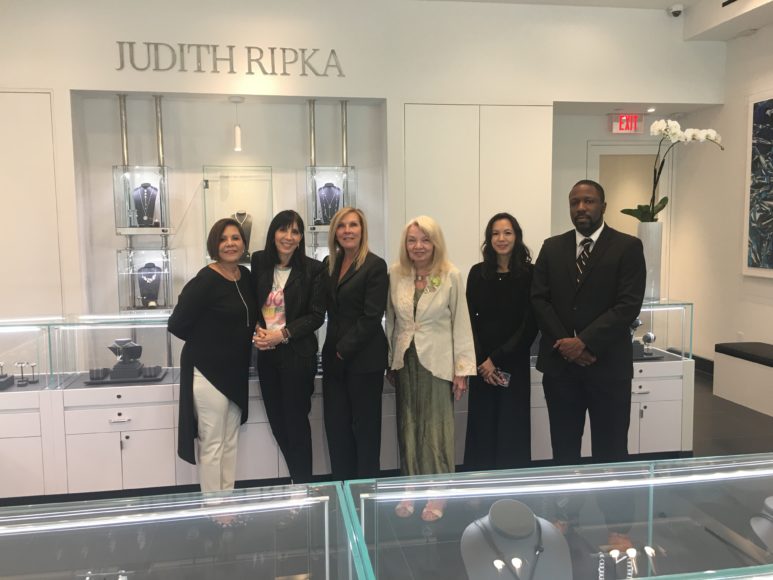 From left: Vivian Messina, manager of the Judith Ripka boutique at The Westchester; Janice Winter, president of Judith Ripka; Deborah Cuomo, assistant boutique manager; WAG sales executive Barbara Hanlon; Lisa Liu of Judith Ripka PR; and Andwele Prescott, in-house security. Photograph by Georgette Gouveia.