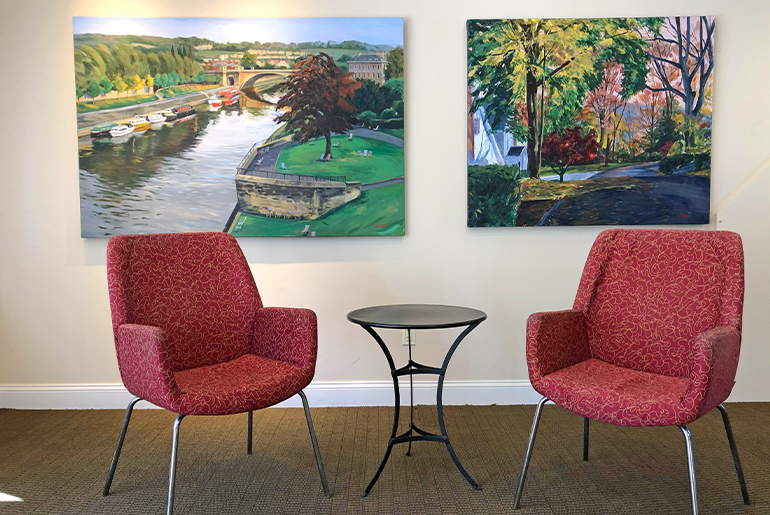 Two of Susan Stillman’s many paintings on places, from left, “Bath River” and “Turning Lester.” Courtesy the artist.
