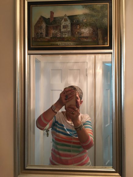 A self-portrait with my Sarah Lawrence College mirror. The mirror depicts the college’s signature building, Westlands, the onetime home of SLC founder William Van Duzer Lawrence and his wife, the former Sarah Bates, for whom the school is named.