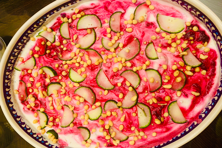 Rajni Menon’s cooling yogurt salad with beet purée and cucumbers is sure to be another summertime treat. Photograph by Aditya Menon.