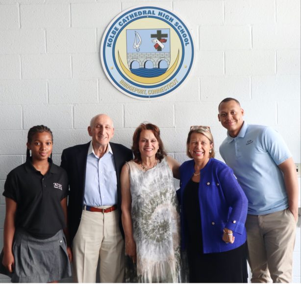 Kolbe Cathedral High School celebrates receiving a scholarship endowment of $500,000 from The Inner-City Foundation for Charity & Education. From left: Jane Lafond, rising Kolbe Cathedral High School senior; Dick Matteis, board member, The Inner-City Foundation for Charity & Education; Camille Figluizzi, Kolbe Cathedral principal; Pam Pagnani, board member, The Inner-City Foundation; Eudell Mason, rising Kolbe senior. Courtesy The Inner-City Foundation for Charity & Education.