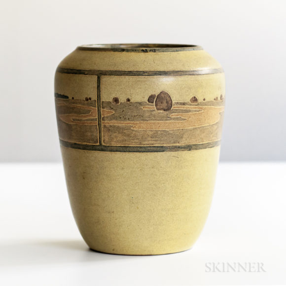 Rare Annie E. Aldrich and Sarah Tutt Marblehead Pottery Vase, Marblehead, Massachusetts, circa 1909. Sold for $303,000 at Skinner Inc.