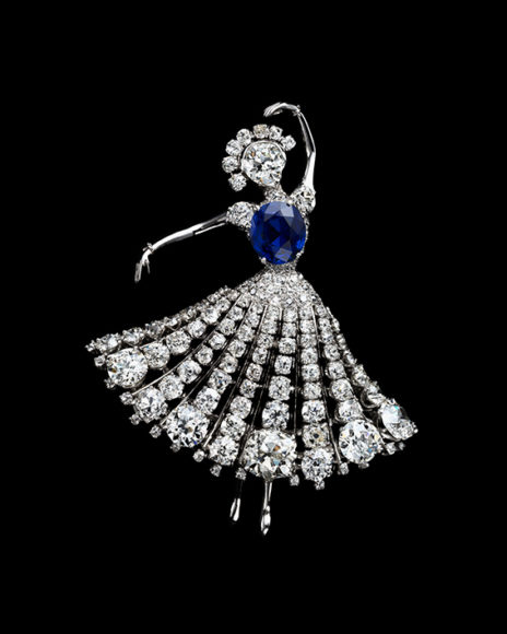 A Ballerina clip by Van Cleef & Arpels New York, with a large mixed-cut sapphire bodice and a swirling skirt of diamonds (circa 1951). Private collection. Courtesy Albion Art Jewellery Institute, Japan. 